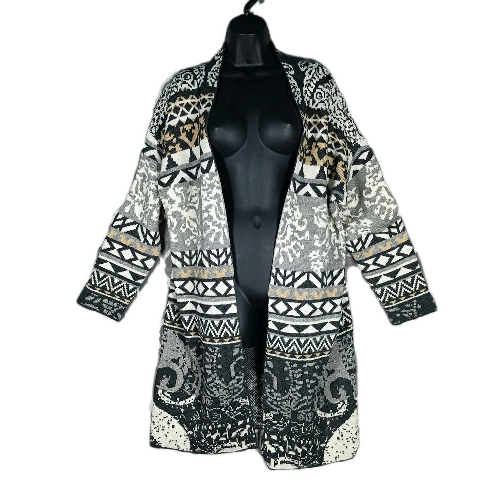 Open Front Cardigan Sweater Large Gray Black Longline‎ Tribal Geo Knit Greige